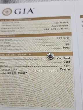 1.26 CT GIA Certified Round Cut Diamond J Color SI1 Clarity